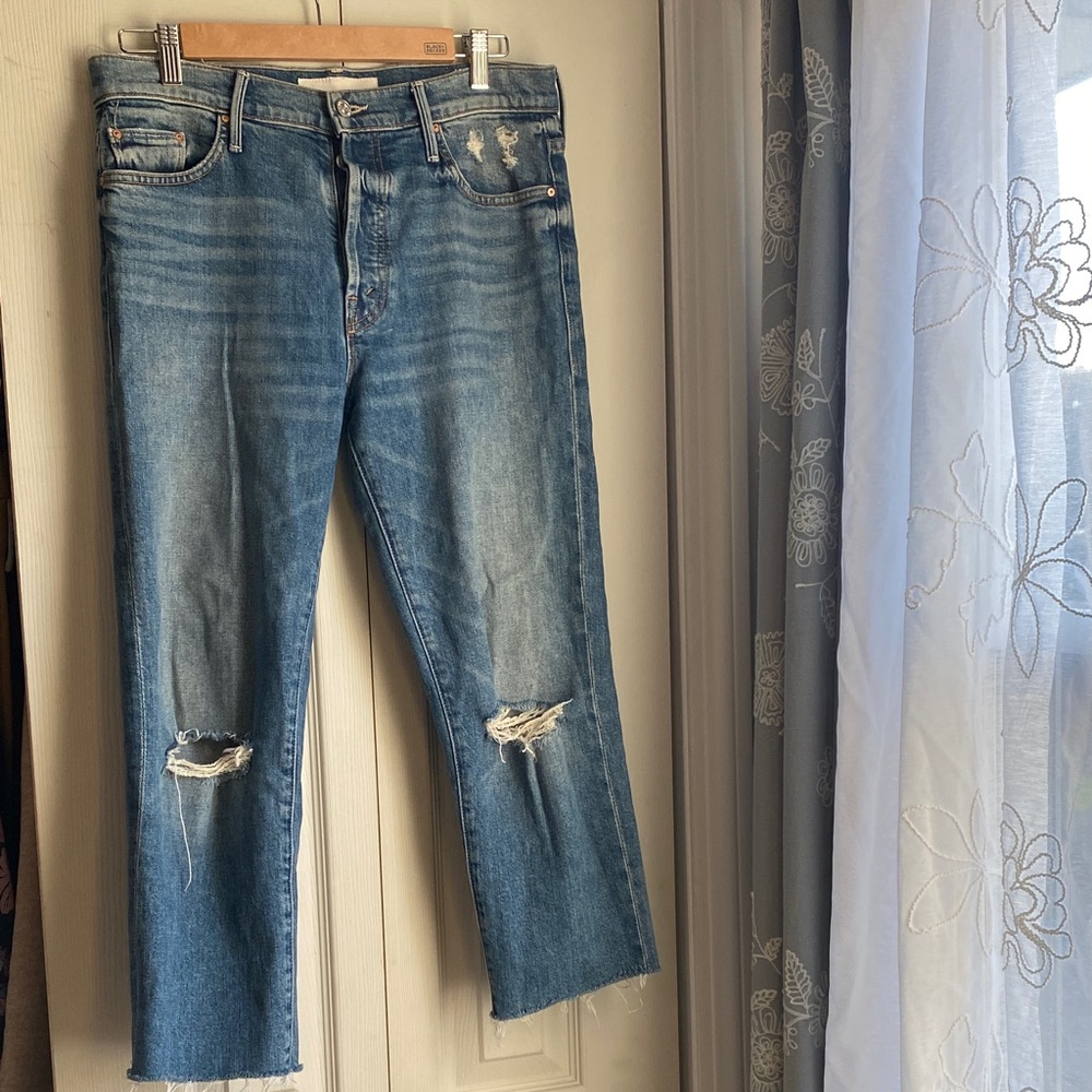 MOTHER Blue Distressed trickster ankle jean 33 waist